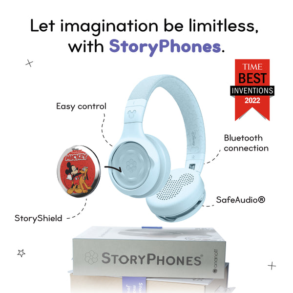 STORYPHONES Storytelling Headphones for Kids, Disney Bundle with Mickey Mouse Stories - Screen-Free Entertainment Experience for Stories and Music, Light Blue