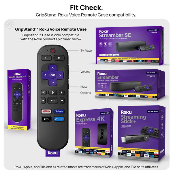 GripStand™ Roku Voice Remote Case: Stands Upright, Improves Grip and Feel, AirTag and Tile Mate Compatible. Fits Roku Express 4K, Streaming Stick 4K, Stream Bar, Stream Bar SE, by 73&Sunny.