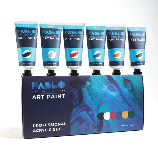 Pablo Acrylic Paint Set Professional, Six Essential Primary Colors (Black, Blue, White, Green, Yellow, Red) - Versatile, Premium Quality Paint for Canvas, Fabric, & Wood, (2.02 fl oz/60ml) Pack of 6